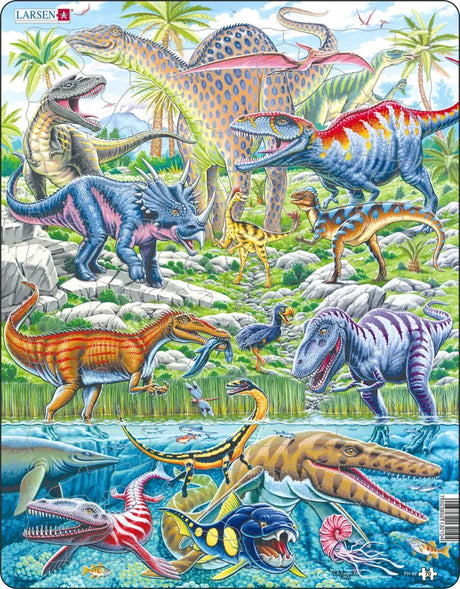 Dinozaury Larsen, które latają, biegają i nurkują - puzzle - zwierzęta - prehistoria - puzzle edukacyjne dla dzieci - 70 elementów - wyprodukowane w Norwegii - bardzo grube elementy 2,5 mm - tacka ze stałą krawędzią