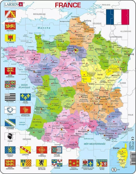 Larsen france carte politique – puzzle – francja – régions et départements – puzzle éducatif pour enfants – 70 sztuk – fabriqué en norvège – piece extra épaisses de 2,5 mm – plateau z bord fixe