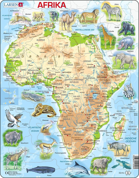 Larsen afrique carte topographique – puzzle – afryka – pays et animaux – puzzle éducatif pour enfants – 63 elementy – fabriqué en norvège – kawałki dodatkowe épaisses de 2,5 mm – plateau ze stałą płytką