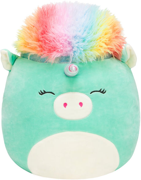 Squishmallows - duży pluszowy jednorożec w kolorze turkusowym o średnicy 35 cm z tęczowymi włosami
