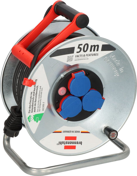Brennerstuhl garant s ip44 szpula kablowa (kabel 50 m w kolorze czarnym, blacha stalowa, krótkotrwałe zastosowanie na zewnątrz, wyprodukowano w Niemczech) srebrny