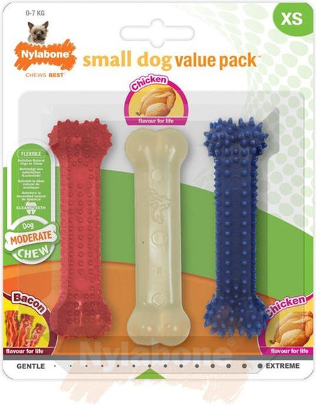 Nylabone moderate triopack - voordeelpak kauwbotten met kip en baconsmaak - voor kleine honden tot 7 kg - xs