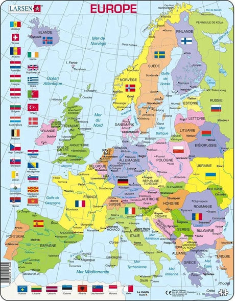 Larsen carte politique de l'europe – puzzle – europe – pays et drapeaux – puzzle éducatif pour enfants – 48 elementów – fabriqué en norvège – piece extra épaisses de 2,5 mm – plateau ze stałą płytką