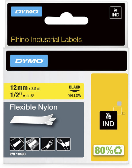 Dymo rhino przemysłowe elastyczne etykiety nylonowe | 12 mm x 3,5 m | czarny nadruk na żółtym | etykiety samoprzylepne do drukarek etykiet Rhino Label Manager