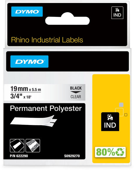 Etykiety przemysłowe Dymo Rhino | trwały poliester | 19 mm x 3,5 m | czarny nadruk na przezroczystym | etykiety samoprzylepne do drukarek etykiet Rhino Label Manager