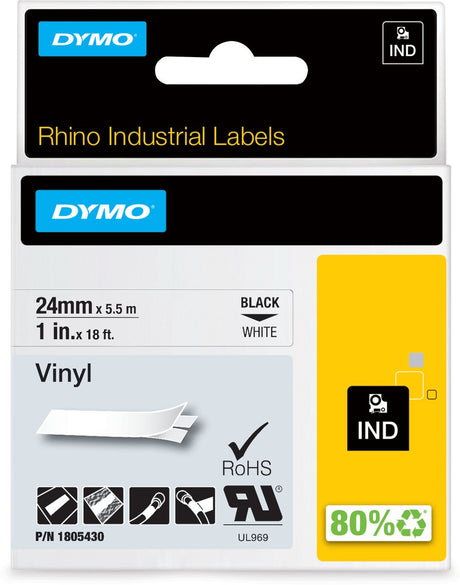 Dymo rhino industriële vinyl labels | 24 mm x 5,5 m | zwarte afdruk op wit | zelfklevende labels voor rhino labelmanager labelprinters