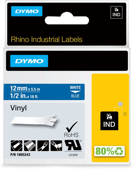 Przemysłowe etykiety winylowe Dymo Rhino | 12 mm x 5,5 m | biały nadruk na niebieskim | etykiety samoprzylepne do drukarek etykiet Rhino Label Manager