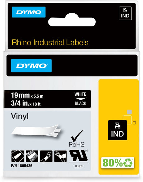 Przemysłowe etykiety winylowe Dymo Rhino | 19 mm x 5,5 m | biały nadruk na czarnym | etykiety samoprzylepne do drukarek etykiet Rhino Label Manager