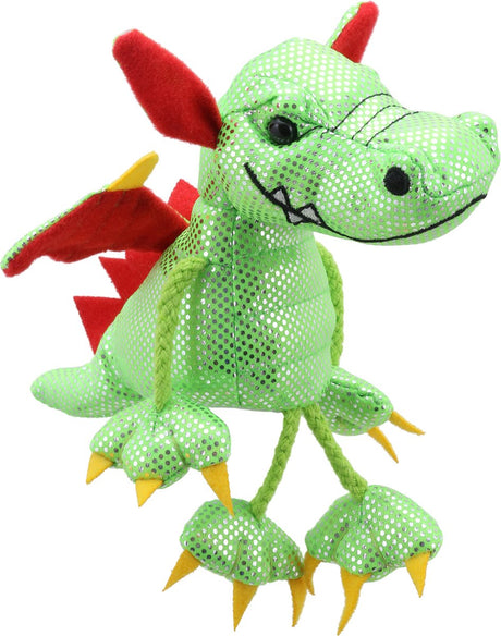 Lalka zabawkowa z zielonym smokiem, kukiełkowa firma marionetkowa.