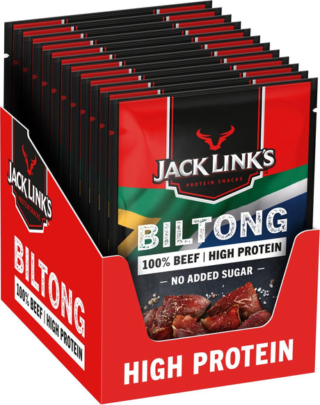 Oryginalny biltong suszony Jack link's (12x60g) - wysokobiałkowy - 100% wołowiny - 50g białka w 100g - idealna przekąska białkowa jako przekąska lub przed wysiłkiem fizycznym