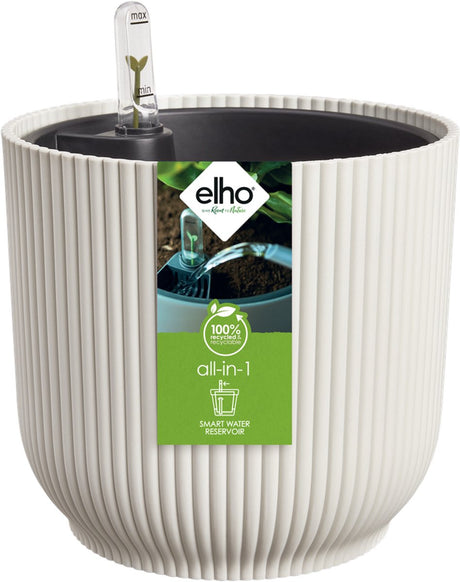 Elho all-in-1 vibes round 18 + swi 17 - doniczka z licznikiem wody - 100% plastiku pochodzącego z recyklingu - ø 18 cm - len biały