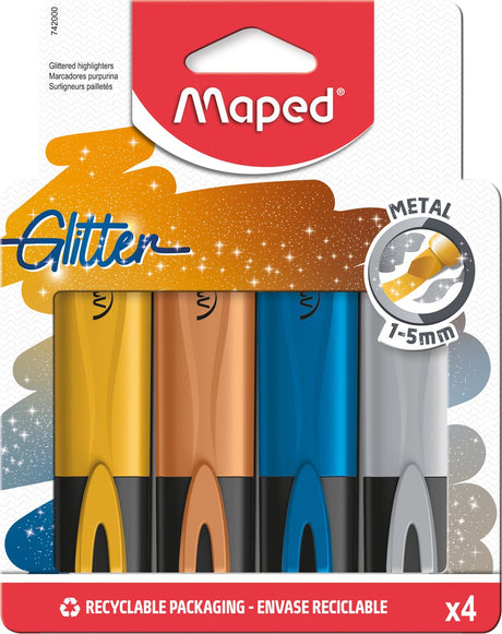 Markery biurowe Maped Fluo'peps, brokatowe, metalowe - 4 sztuki