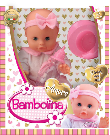 Lalka Dimian z nocnikiem i butelką do picia - amore - 33 cm.