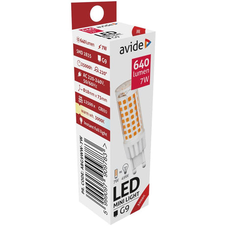 Lampa LED Avide 7 W, oprawa G9, ciepła biel 3000 Kelvinów, 640 lumenów.