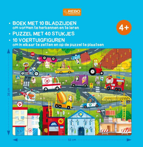 Książka wydawnictwa Rebo, puzzle + 10 figurek - pojazdy