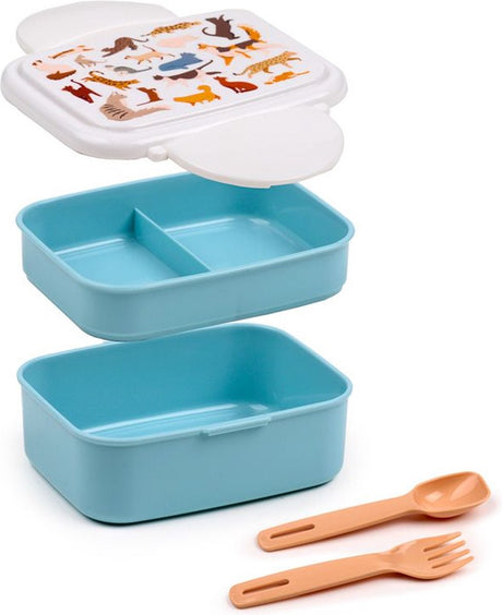 Pudełko na lunch Puckator Bento Box - delikatne koty - jasnoniebieski biały - sztućce - 9x15,5x14cm