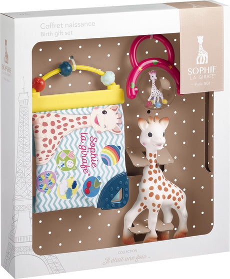 Zestaw upominkowy Żyrafa Sophie - zestaw upominkowy na urodziny - prezent dla kobiet w ciąży - prezent na baby shower - lalka, książeczka z grzechotką - od 0 miesięcy - w białym pudełku - 3 sztuki