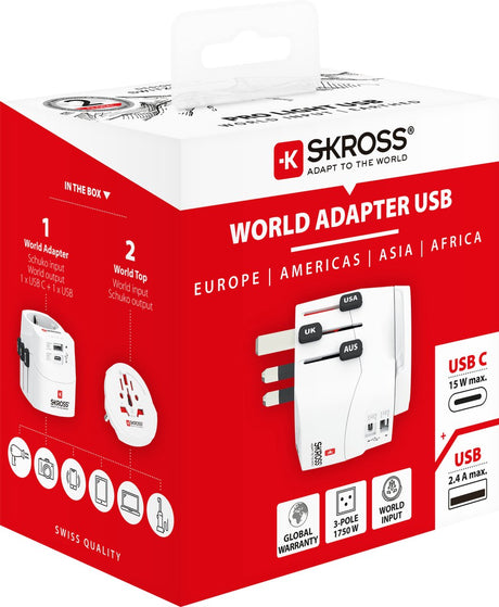 Skross - world travel adapter with ground plugs (no swiss italy) + 1 usb + 1 type c slot + world top input