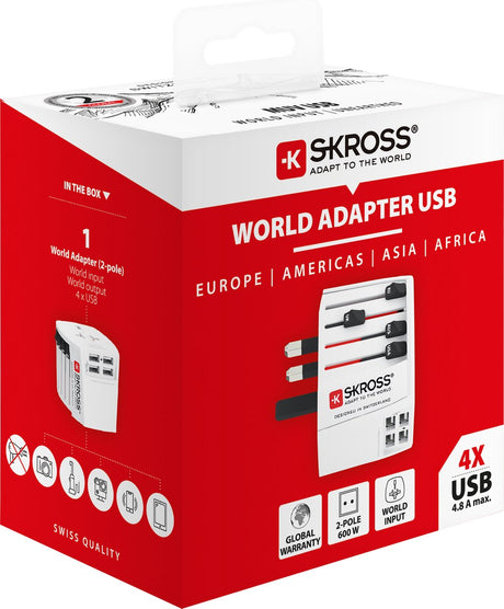Skross - adapter podróżny do świata 2-biegunowy + 4 ładowarki USB + 1 typ c 2400 ma biały