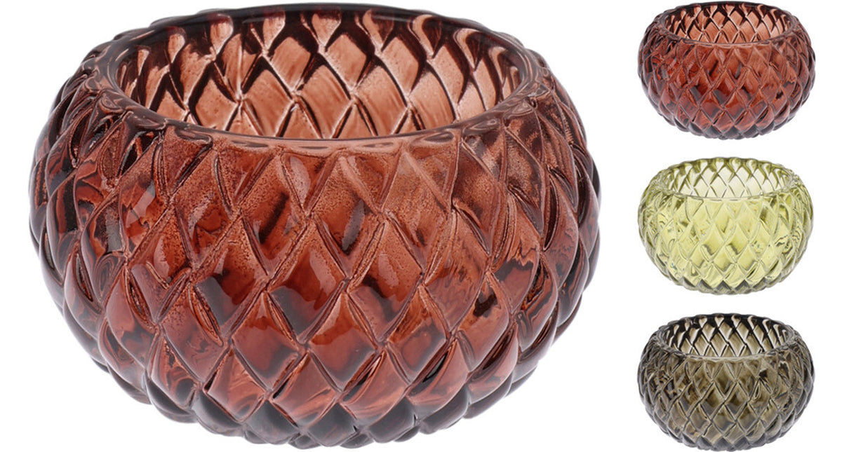 Theelichthouder glas diamand patroon d7,5 h4,4cm 3 assortie