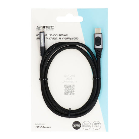 Kabel do ładowania i transmisji danych Yanec USB-C na USB-C, 1 m, nylon (100 W)