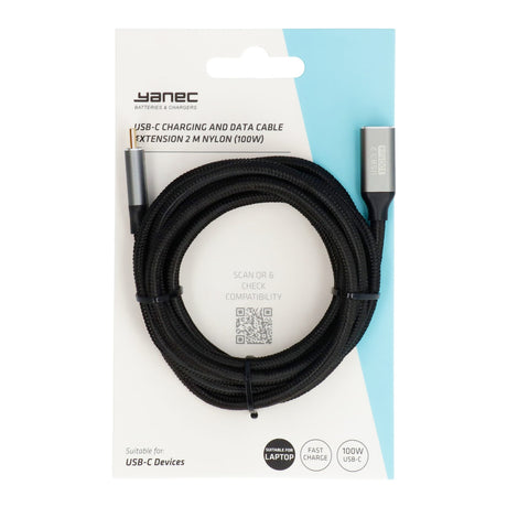 Przedłużacz kabla do ładowania i transmisji danych Yanec USB-C, 2 m, nylon (100 W)
