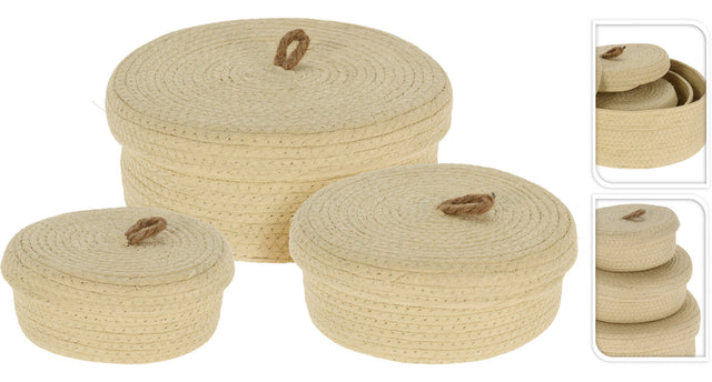 Set 3 mand papier creme met deksel d26 22 17 h9 8 7cm