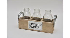 Tray grijs met 3 flesjes ''petites fleurs'' 18,5x6,7x10cm