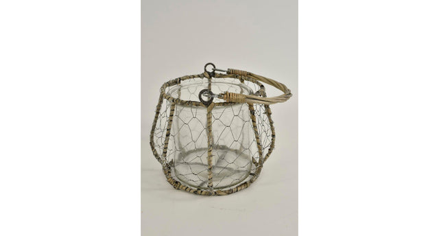 Mand gaas met glas en riet hengsel grijs d14 h13 25cm