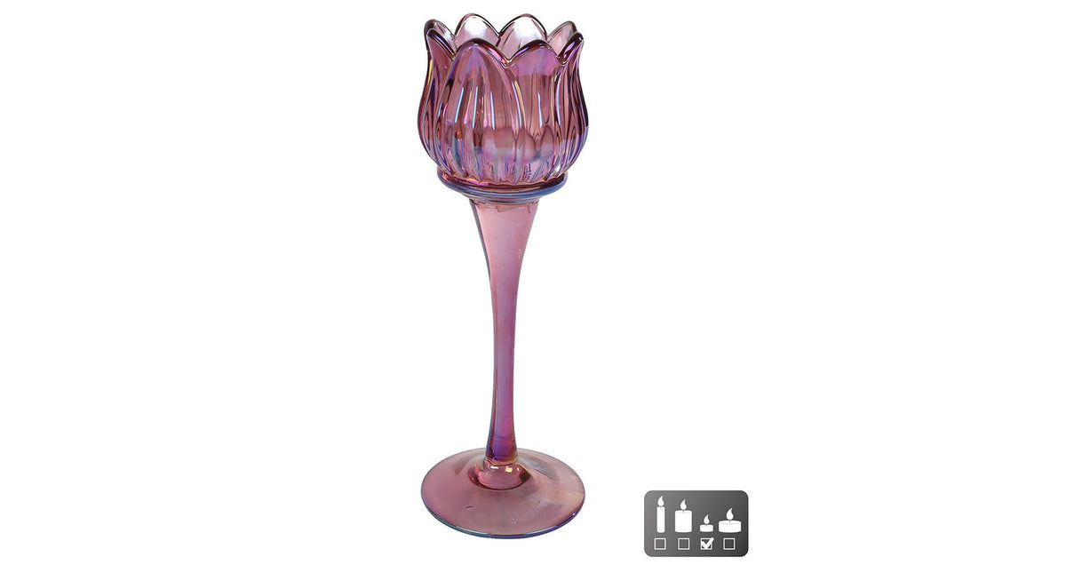 Theelichthouder tulip s luster paars glas 7x7x16cm