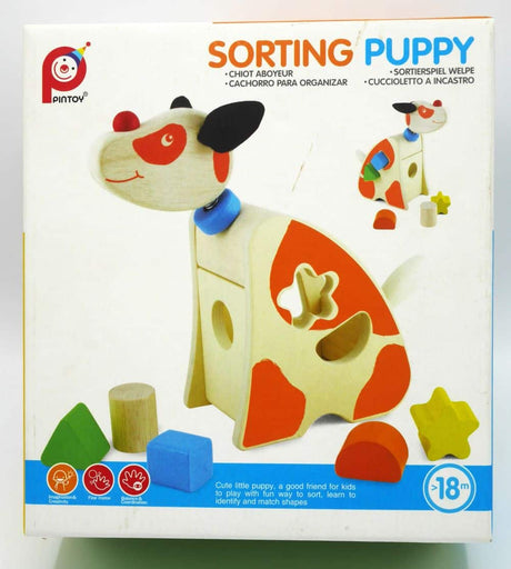 Drewniane puzzle w kształcie szczeniaka z 5 różnymi klockami.