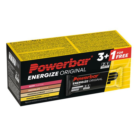 Opakowanie zbiorcze Powerbar Energize (9 opakowań lub 3+1 x 55gr) - czekolada + ciasteczka z kremem + banan + jagoda