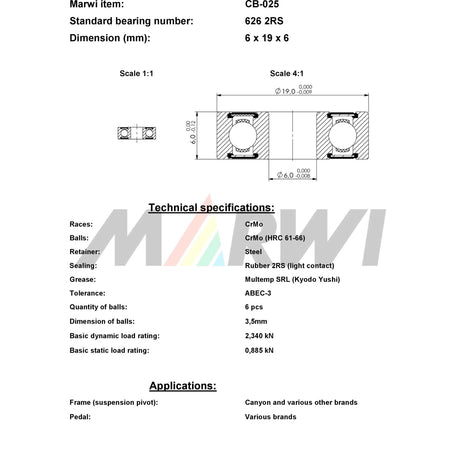 Łożysko kulkowe Marwi CB-025 626 2rs - 6x19x6