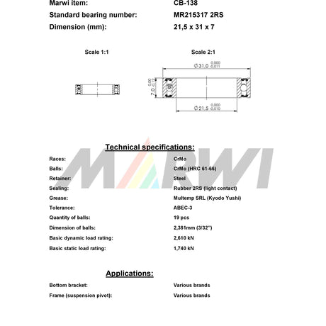 Łożysko kulkowe Marwi CB-138 MR215317 21,5x31x7