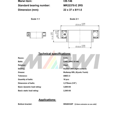 Łożysko kulkowe Marwi CB-146 LLB MR22378-E 22x37x8 11� zew.