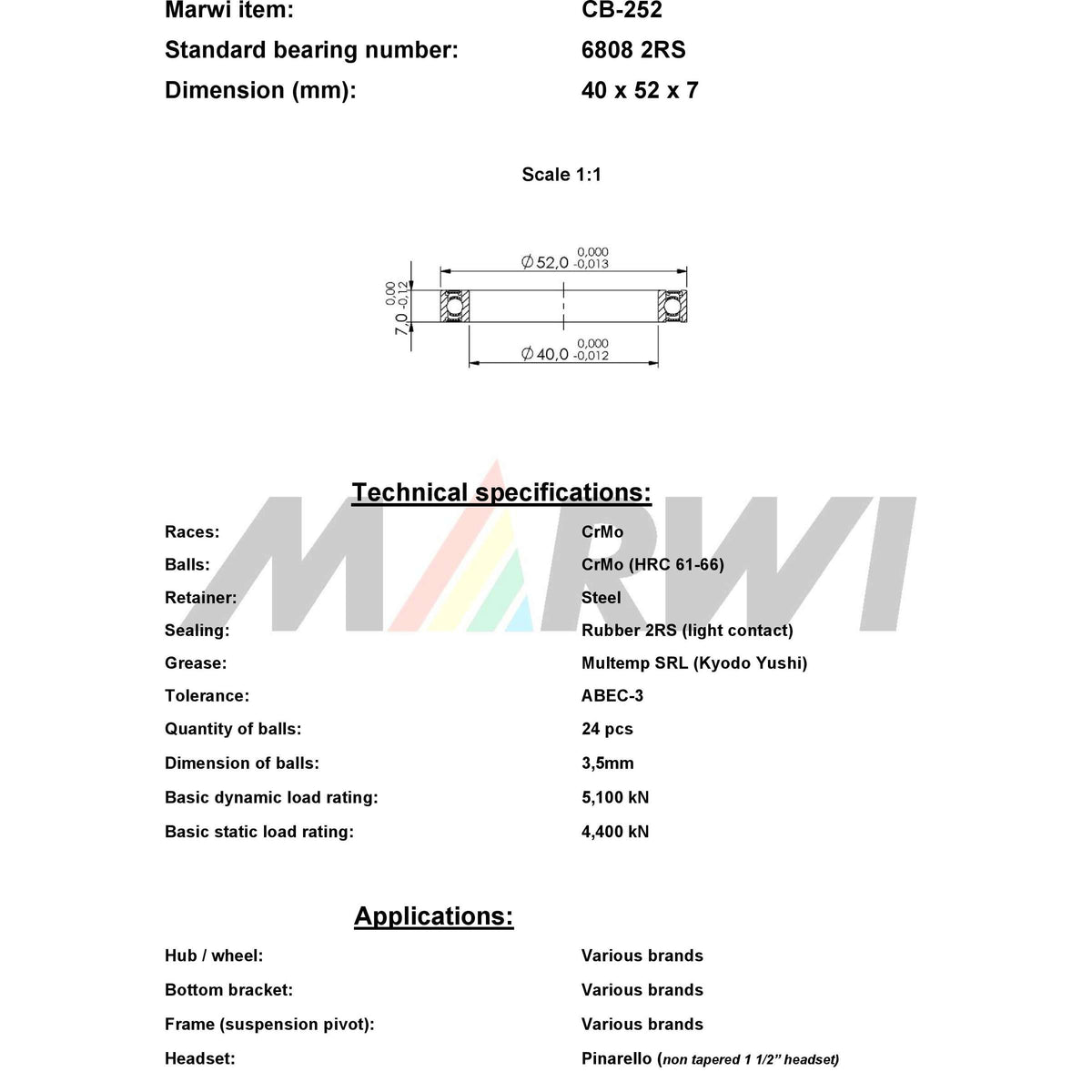 Łożysko kulkowe Marwi CB-252 6808 2rs 40x52x7