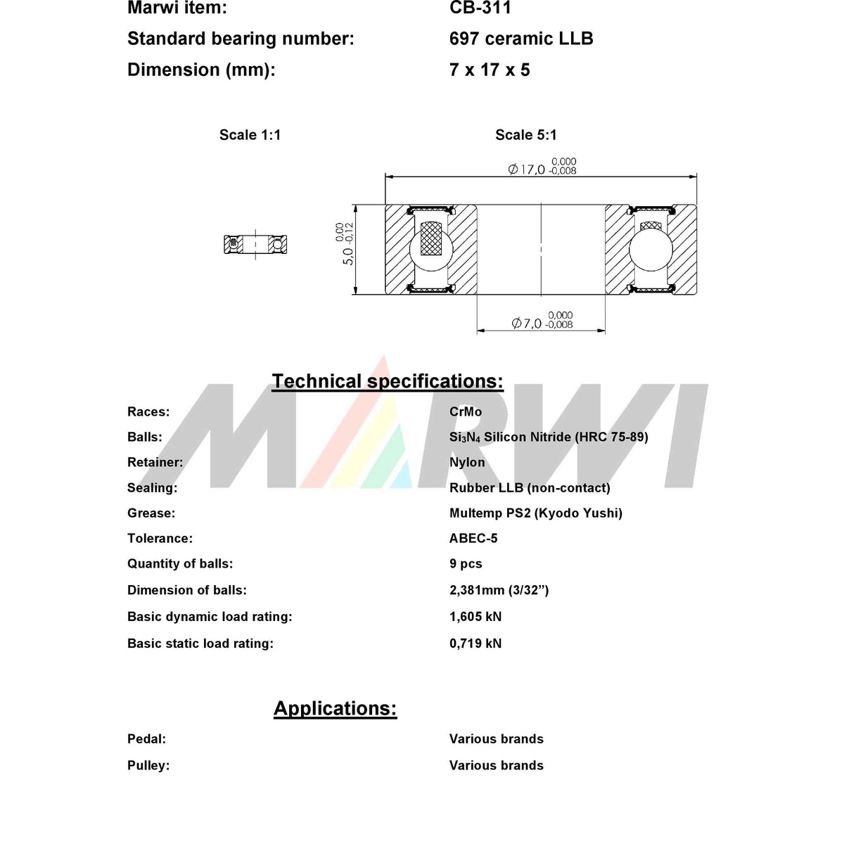 Union Kogellager CB-311 697 LLB 7x17x5 Ceramika