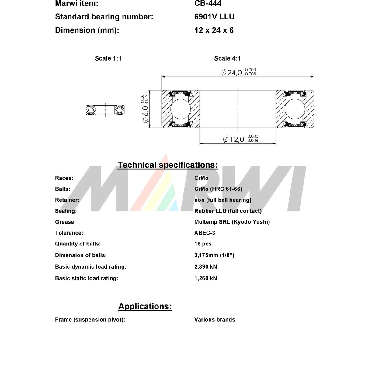 Łożysko kulkowe złączkowe max CB-444 6901V LLU 12x24x6