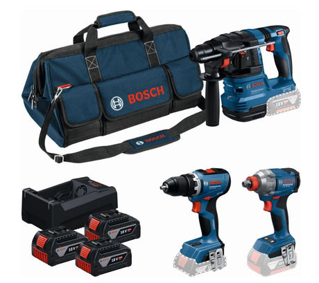 Bosch niebieski Bosch profesjonalny zestaw narzędzi 18v - zestaw narzędzi - gsr 18v-65 + gdx 18v-285 + gbh 18v-22 + 3x gba 5.0ah 18v akumulator + gal 12v-18v-80