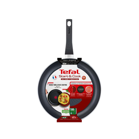 Patelnia Tefal Start'easy 28 cm, okrągła, wielofunkcyjna patelnia, czarna, tytanowa, aluminiowa, termo-spot