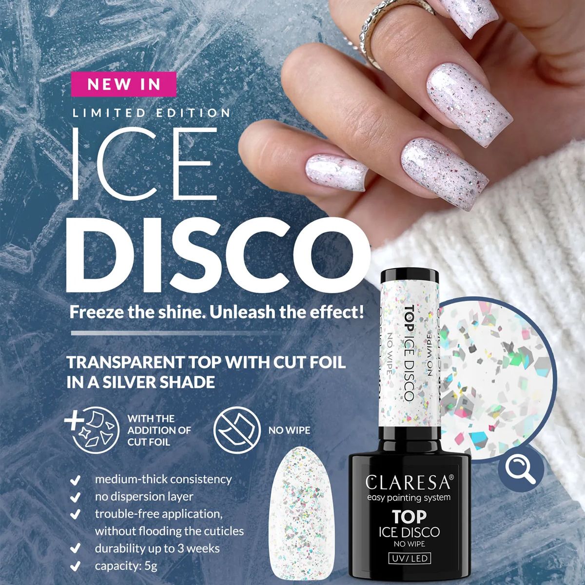 Claresa top Coat No Wipe Ice Disco 5ml