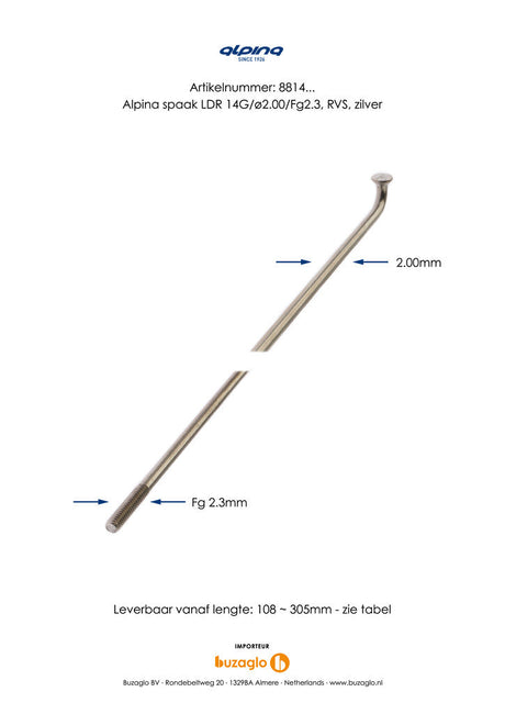 Szprychy Buzaglo 286-14 alpina ø2.00mm fg 2.3 stal nierdzewna - srebrne (144 szt.) 1