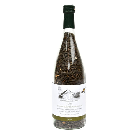 Butelka na wino marki Esschert wypełniona nasionami czarnego słonecznika, dł. 9 x szer. 9 x wys. 35 cm