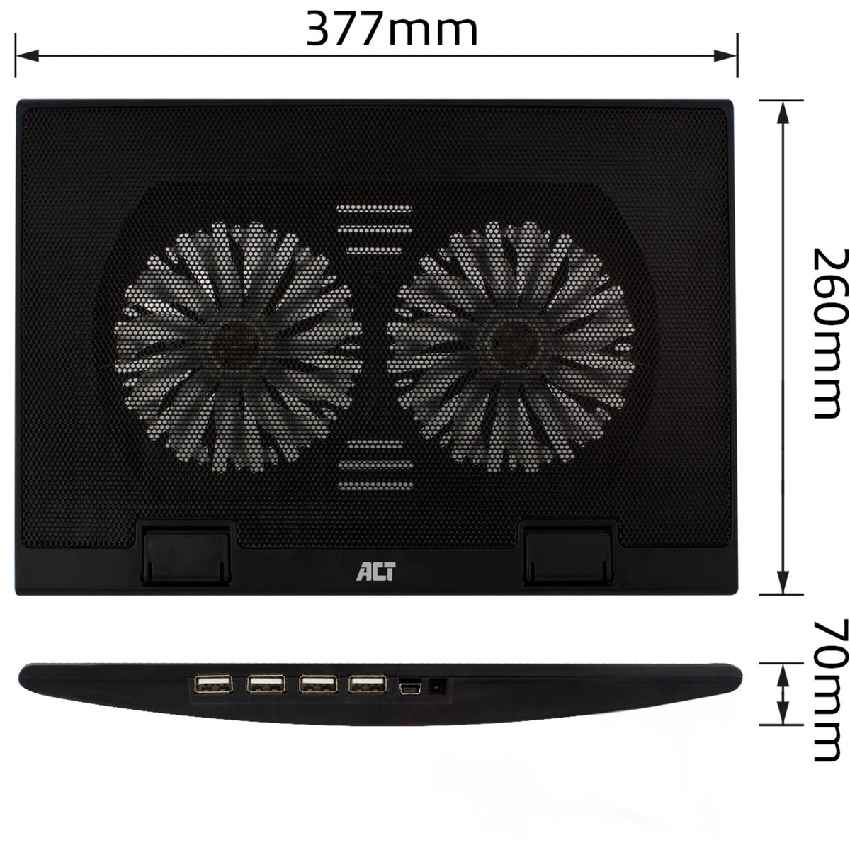 Podstawka pod laptop Act Connect, z wentylatorem, z regulacją wysokości w 2 pozycjach (czarny, 4-portowy koncentrator USB 2.0)