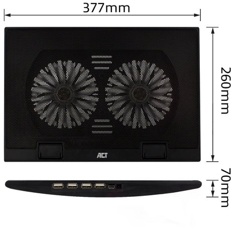 Podstawka pod laptop Act Connect, z wentylatorem, z regulacją wysokości w 2 pozycjach (czarny, 4-portowy koncentrator USB 2.0)