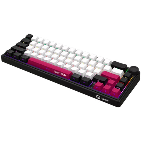 Mechaniczna klawiatura do gier Lorgar kbp70mw rgb (czarna, układ amerykański (qwerty), logar toksyczny fiolet, 65%, rgb, możliwość wymiany podczas pracy, podwójny strzał pbt, bluetooth | 2,4 GHz | usb)