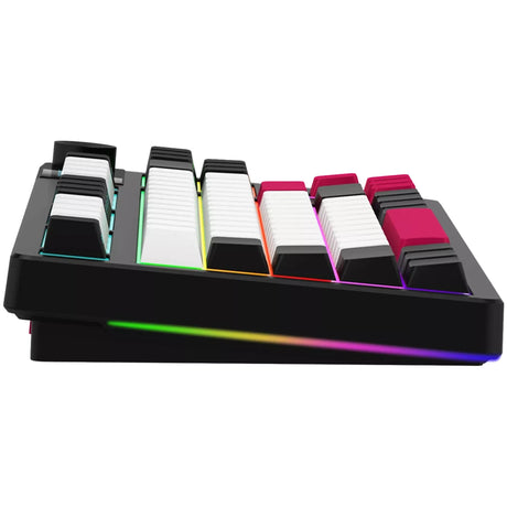 Mechaniczna klawiatura do gier Lorgar kbp70tklw rgb (czarna, układ amerykański (qwerty), logar toksyczny fioletowy, 80% (tkl), rgb, z możliwością wymiany podczas pracy, podwójny strzał pbt, bluetooth | 2,4 ghz | usb)