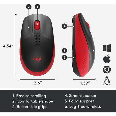 Pełnowymiarowa mysz bezprzewodowa Logitech m190 (czerwona, 1000 dpi)