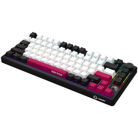 Mechaniczna klawiatura do gier Lorgar kbp7075w rgb (czarna, układ amerykański (qwerty), logar toksyczny fiolet, 75%, rgb, możliwość wymiany podczas pracy, podwójny strzał pbt, bluetooth | 2,4 GHz | usb)