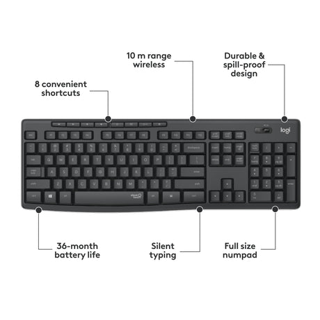 Zestaw komputerów stacjonarnych Logitech mk295 cicha bezprzewodowa klawiatura i mysz (czarny, układ USA-International (QWERTY), 100%)